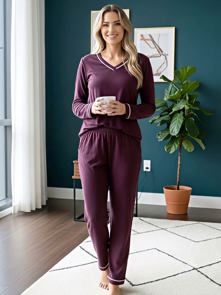 Classic V-Neck Sleepwear Set for Women (M, Maroon)
